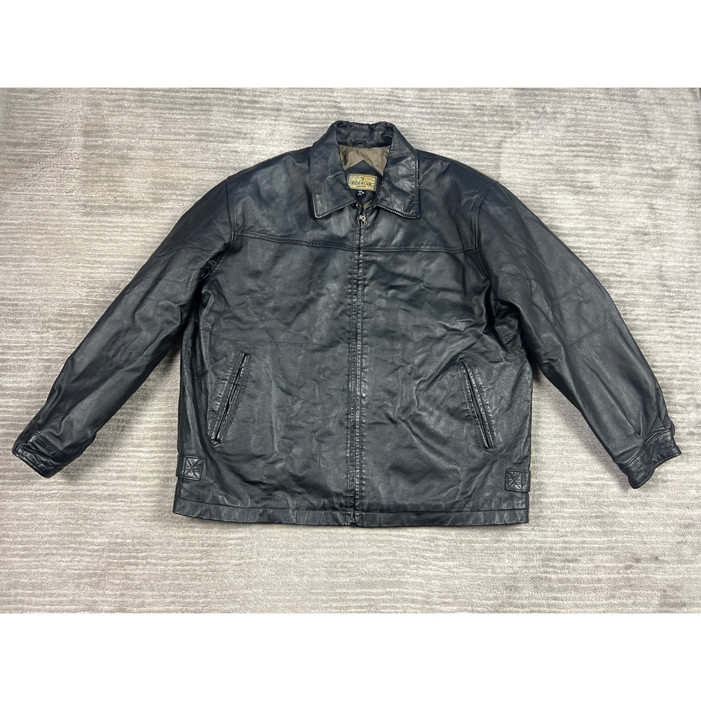 Cougar Leather Jacket Mens XL Black Bomber Genuine Leather Quilted Zip Up Solid - Picture 1 of 14